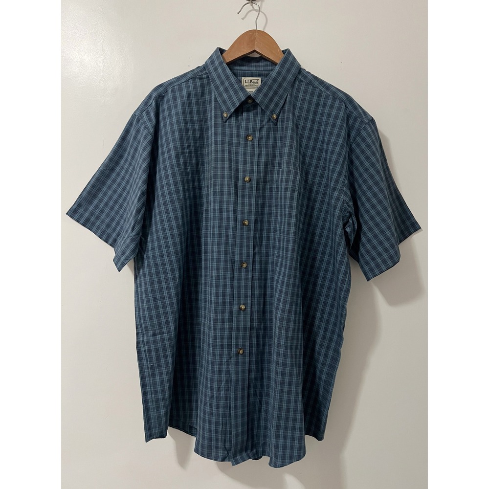 LL Bean Mens XL Regular Blue Plaid Short Sleeve Button Down Cotton Shirt